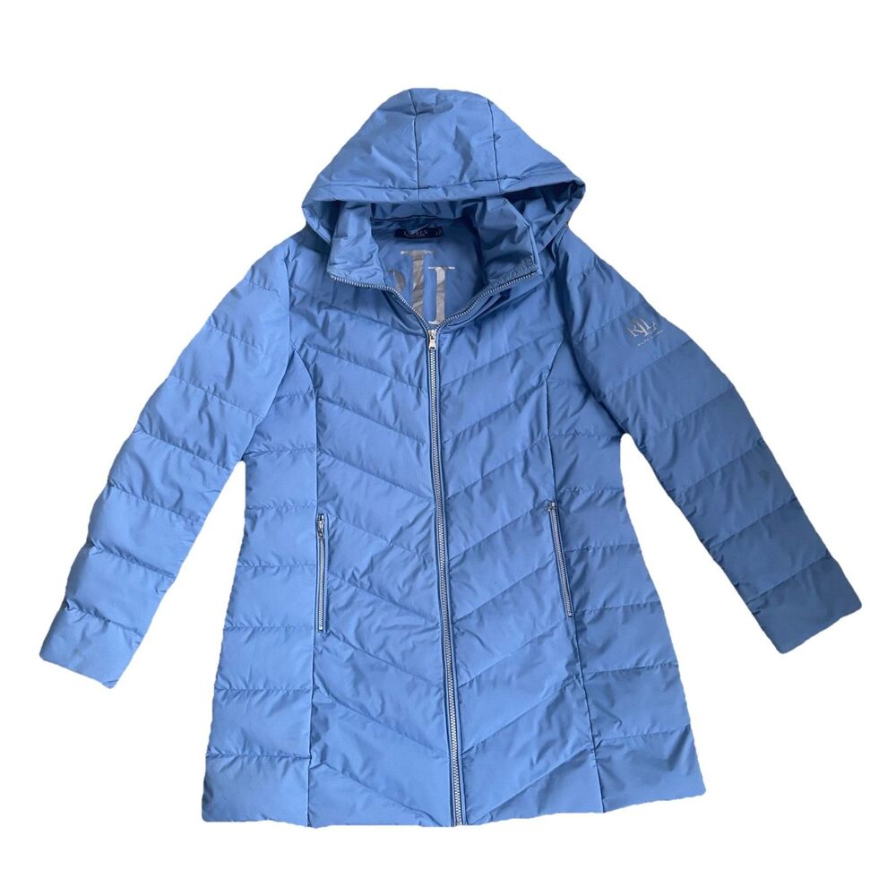 Ralph Lauren Women's Blue Full Zip Puffer Quilted Long Down Parka Jacket Size Lg